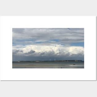 Relaxing view on Baltic seascape with thick cumulus cloud horizon and two power wind turbines in background Posters and Art